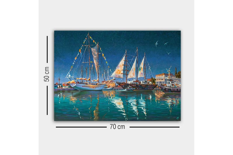 Canvastavla - Segelbåtar i en hamn under stjärnklar himmel - Mörkblå / Turkos / Vit - Inredning & dekor - Tavlor & konst - Canvastavla