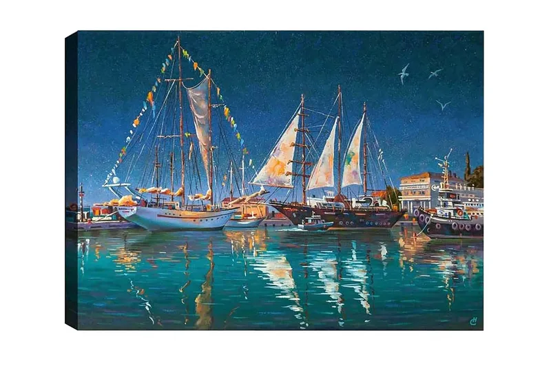 Canvastavla - Segelbåtar i en hamn under stjärnklar himmel, Mörkblå / Turkos / Vit