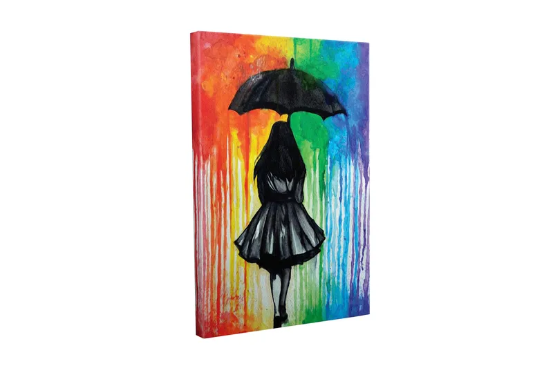Canvastavla - Silhuett av en kvinna med paraply mot en färgglad bakgrund, Svart / Röd / Grön