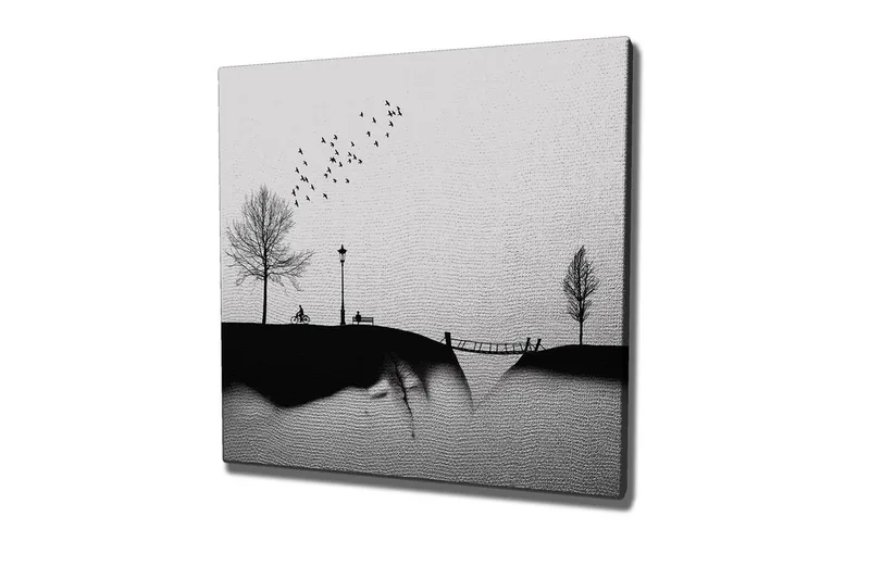 Canvastavla - Silhuett av en park med träd, bänk och fåglar i flykt, Svart / Grå