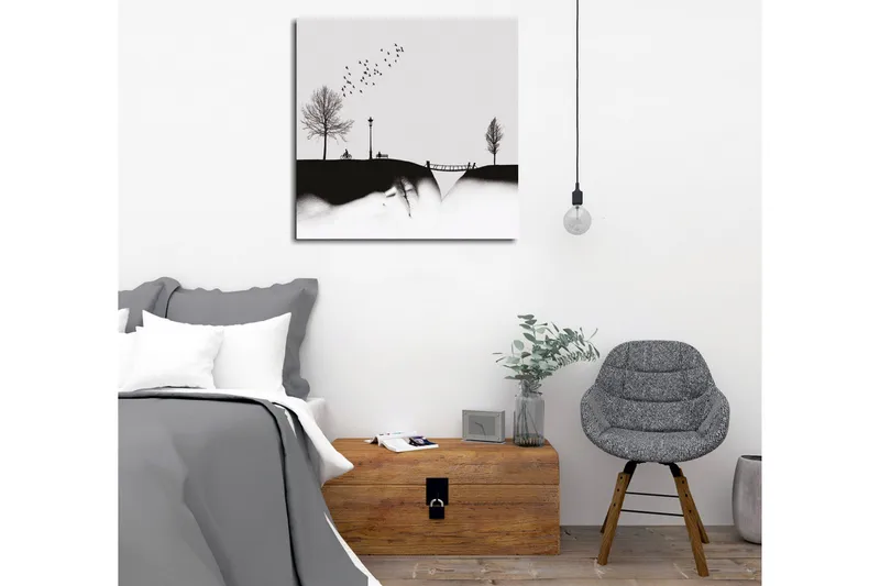 Canvastavla - Silhuett av en park med träd, bänk och fåglar i flykt - Svart / Grå - Inredning & dekor - Tavlor & konst - Canvastavla