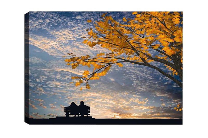 Canvastavla - Silhuett av ett par som sitter på en bänk under ett träd med gyllene höstlöv - Guld / Blå / Svart - Inredning & dekor - Tavlor & konst - Canvastavla