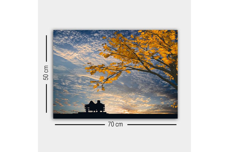 Canvastavla - Silhuett av ett par som sitter på en bänk under ett träd med gyllene höstlöv - Guld / Blå / Svart - Inredning & dekor - Tavlor & konst - Canvastavla