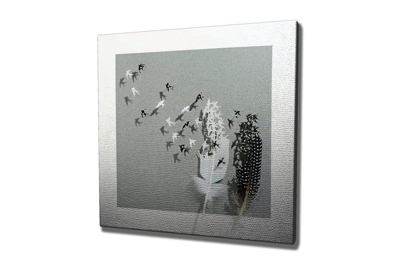Canvastavla - Silhuetter av fåglar som flyger bort från en vas med fjädrar, Svart / Vitt / Grått