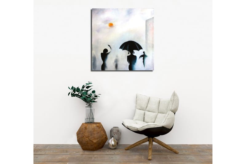 Canvastavla - Silhuetter av personer med paraplyer i en dimmig stadsmiljö - Svart / Grå / Orange - Inredning & dekor - Tavlor & konst - Canvastavla