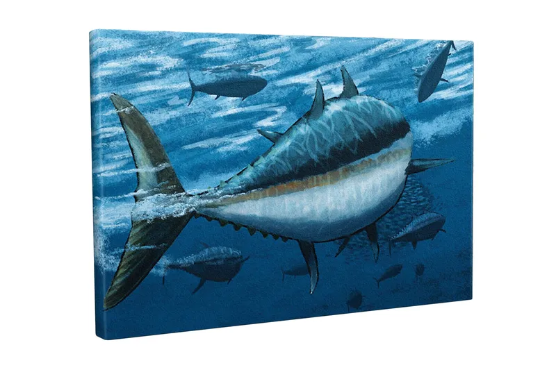 Canvastavla - Simmande tonfiskar i djupblått hav, Mörkblå / Ljusblå / Vit