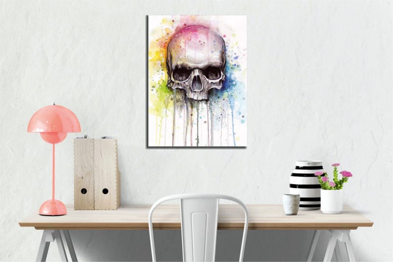 Canvastavla - Skalle med färgglada akvarellsprutningar i bakgrunden - Svart / Ljusblå / Gul - Inredning & dekor - Tavlor & konst - Canvastavla