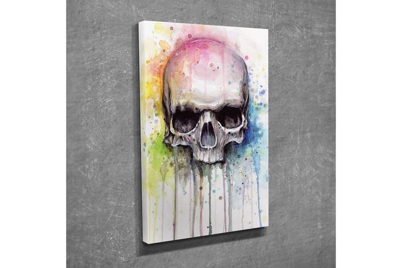 Canvastavla - Skalle med färgglada akvarellsprutningar i bakgrunden - Svart / Ljusblå / Gul - Inredning & dekor - Tavlor & konst - Canvastavla