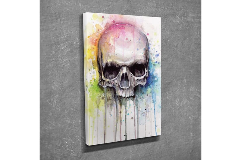 Canvastavla - Skalle med färgglada akvarellsprutningar i bakgrunden - Svart / Ljusblå / Gul - Inredning & dekor - Tavlor & konst - Canvastavla