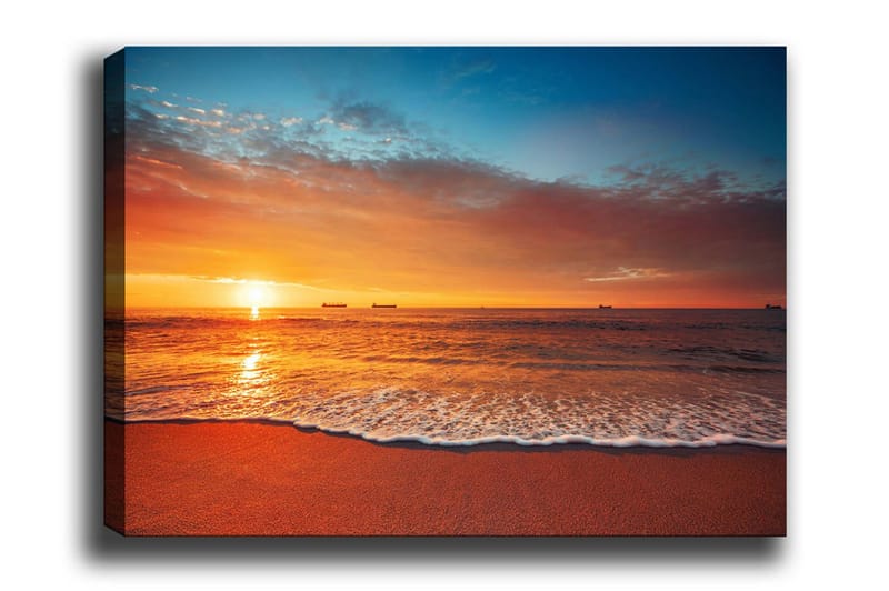 Canvastavla - Solnedgång över havet med mjuka vågor vid stranden, Orange / Blå / Beige
