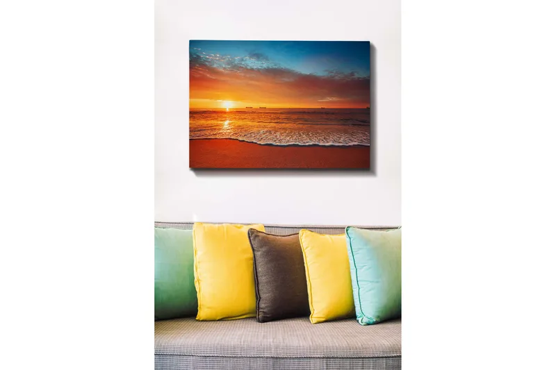 Canvastavla - Solnedgång över havet med mjuka vågor vid stranden - Orange / Blå / Beige - Inredning & dekor - Tavlor & konst - Canvastavla