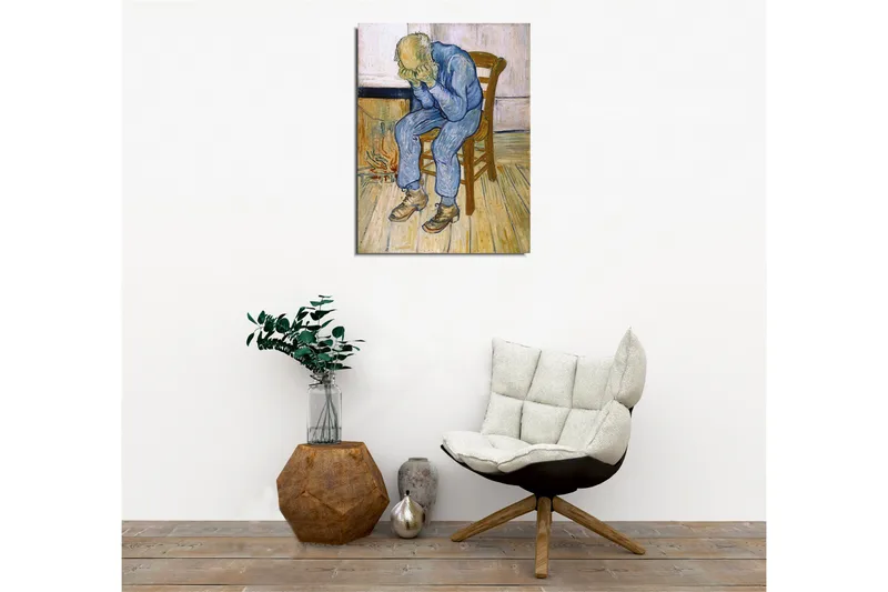 Canvastavla - Sorgsen man som sitter på en stol med huvudet i händerna - Blå / Beige / Brun - Inredning & dekor - Tavlor & konst - Canvastavla