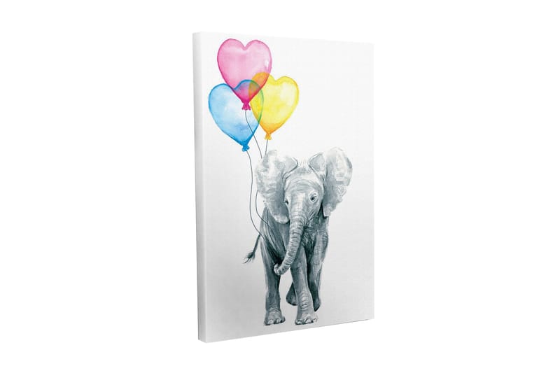 Canvastavla - Söt elefant som håller i färgglada hjärtformade ballonger, Grå / Rosa / Blå