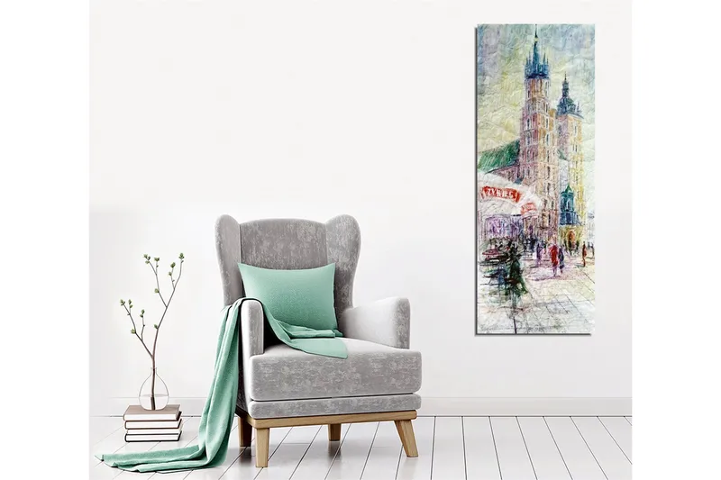 Canvastavla - Stadsscen med historiska byggnader och människor i rörelse - Ljusblå / Beige / Grön - Inredning & dekor - Tavlor & konst - Canvastavla