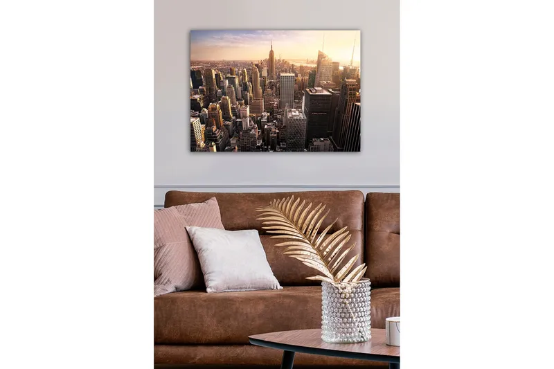 Canvastavla - Stadssilhuett av New York vid solnedgången - Guld / Grå / Blå - Inredning & dekor - Tavlor & konst - Canvastavla