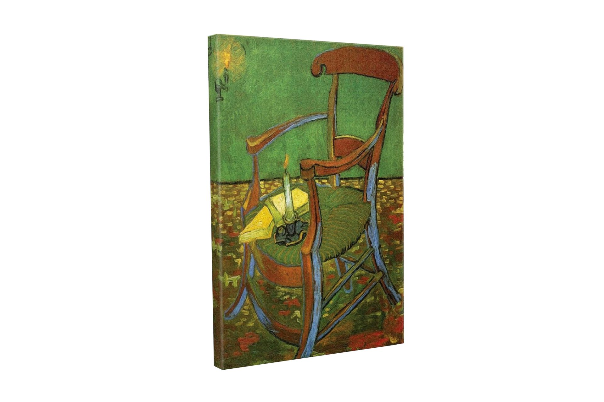 Canvastavla - St&aring;ende stol med en t&auml;nd ljusstake och en gul duk - Gr&ouml;n / Brun / Gul