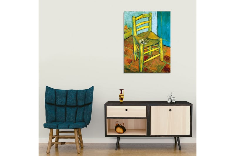 Canvastavla - Stående stol med halmsits och en liten dekoration på sitsen - Gul / Grön / Orange - Inredning & dekor - Tavlor & konst - Canvastavla