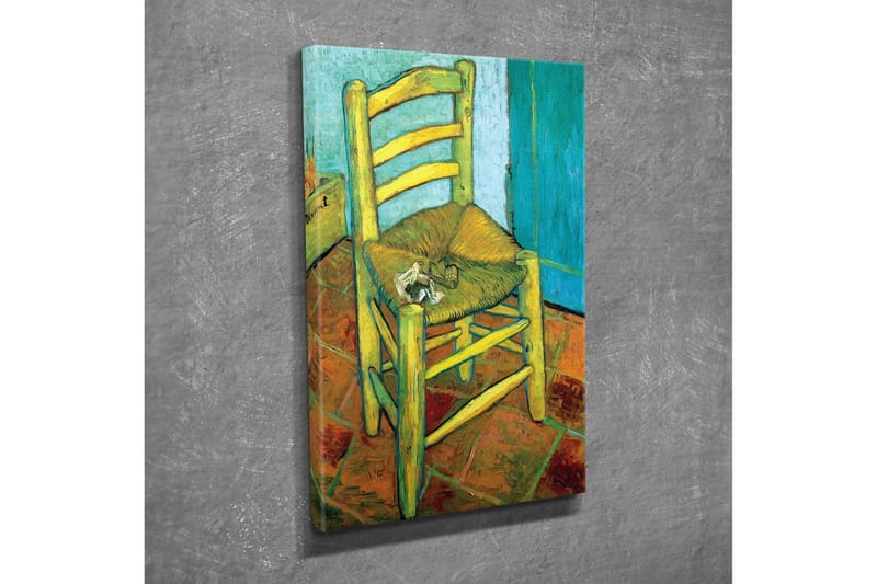 Canvastavla - Stående stol med halmsits och en liten dekoration på sitsen - Gul / Grön / Orange - Inredning & dekor - Tavlor & konst - Canvastavla