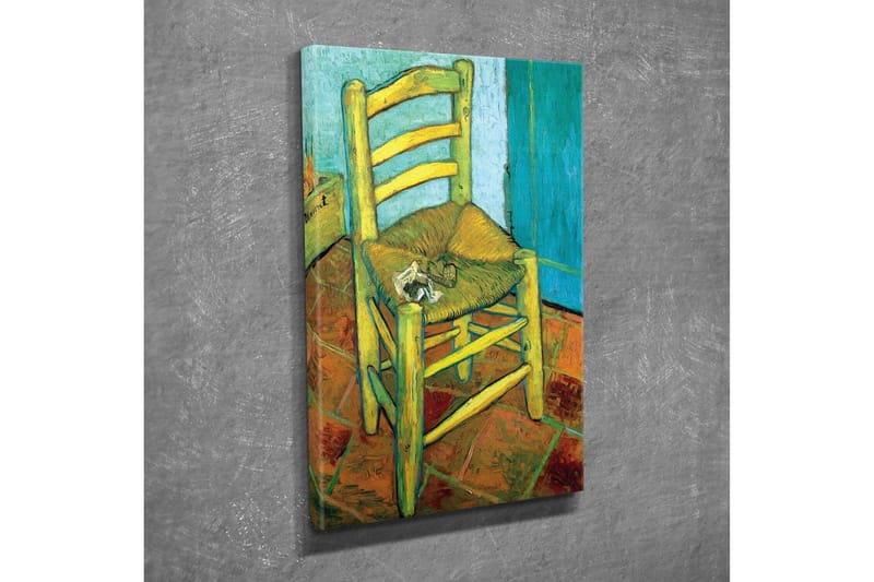 Canvastavla - Stående stol med halmsits och en liten dekoration på sitsen - Gul / Grön / Orange - Inredning & dekor - Tavlor & konst - Canvastavla