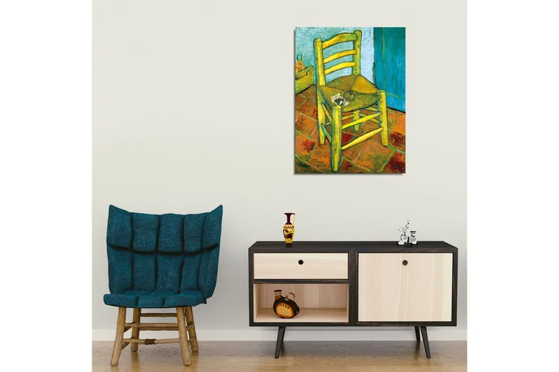 Canvastavla - Stående stol med halmsits och en liten dekoration på sitsen - Gul / Grön / Orange - Inredning & dekor - Tavlor & konst - Canvastavla