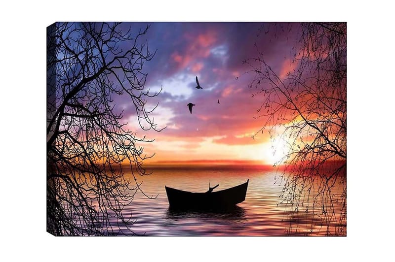 Canvastavla - Stämningsfull solnedgång över en stilla sjö med en båt i fokus - Lila / Orange / Svart - Inredning & dekor - Tavlor & konst - Canvastavla