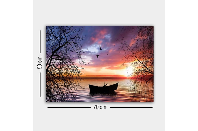 Canvastavla - Stämningsfull solnedgång över en stilla sjö med en båt i fokus - Lila / Orange / Svart - Inredning & dekor - Tavlor & konst - Canvastavla