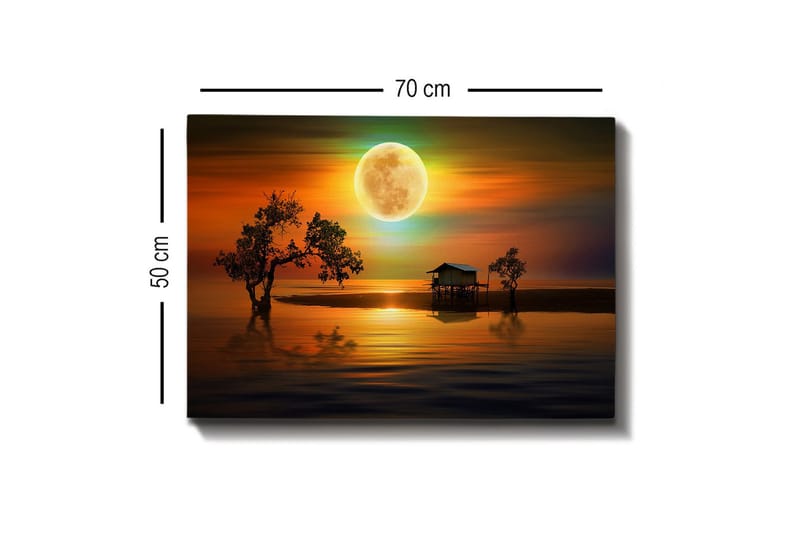Canvastavla - Stämningsfullt landskap med en stuga vid vattnet under en stor fullmåne - Orange / Blå / Grön - Inredning & dekor - Tavlor & konst - Canvastavla