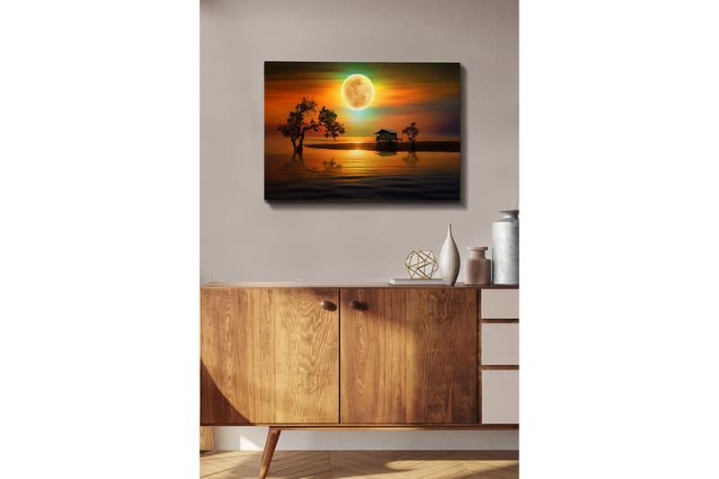 Canvastavla - Stämningsfullt landskap med en stuga vid vattnet under en stor fullmåne - Orange / Blå / Grön - Inredning & dekor - Tavlor & konst - Canvastavla