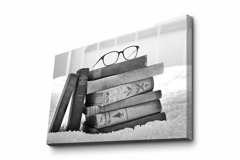 Canvastavla - Stapel av böcker med glasögon ovanpå, Svart / Grått / Vitt