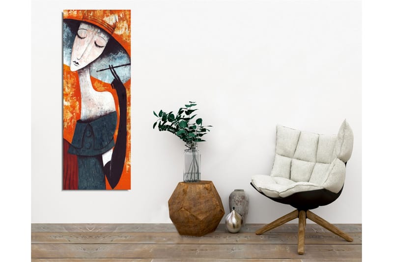 Canvastavla - Stiliserad kvinna med hatt som håller en cigarett - Orange / Mörkblå / Vit - Inredning & dekor - Tavlor & konst - Canvastavla