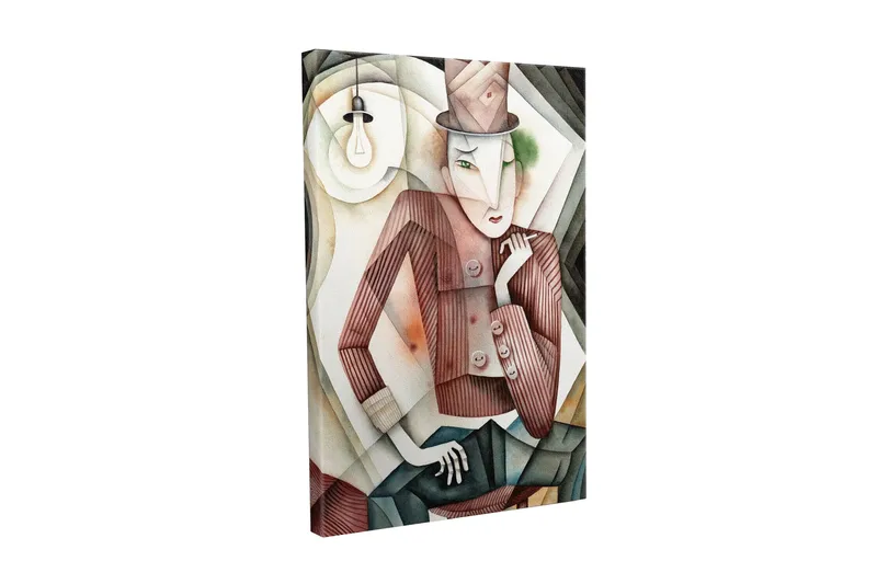 Canvastavla - Stiliserad man i hatt med en mystisk blick, Brun / Grön / Beige
