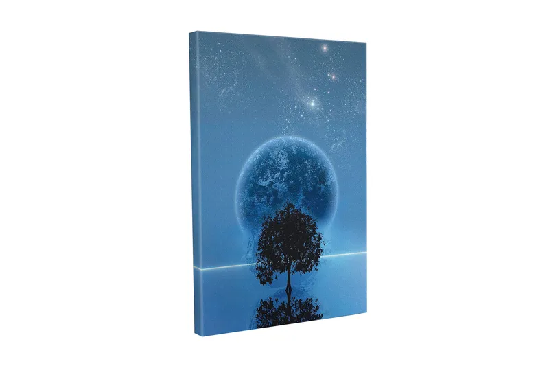 Canvastavla - Stjärnklar natt med en stor måne och silhouett av ett träd vid horisonten, Mörkblå / Svart / Ljusblå