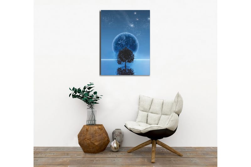 Canvastavla - Stjärnklar natt med en stor måne och silhouett av ett träd vid horisonten - Mörkblå / Svart / Ljusblå - Inredning & dekor - Tavlor & konst - Canvastavla