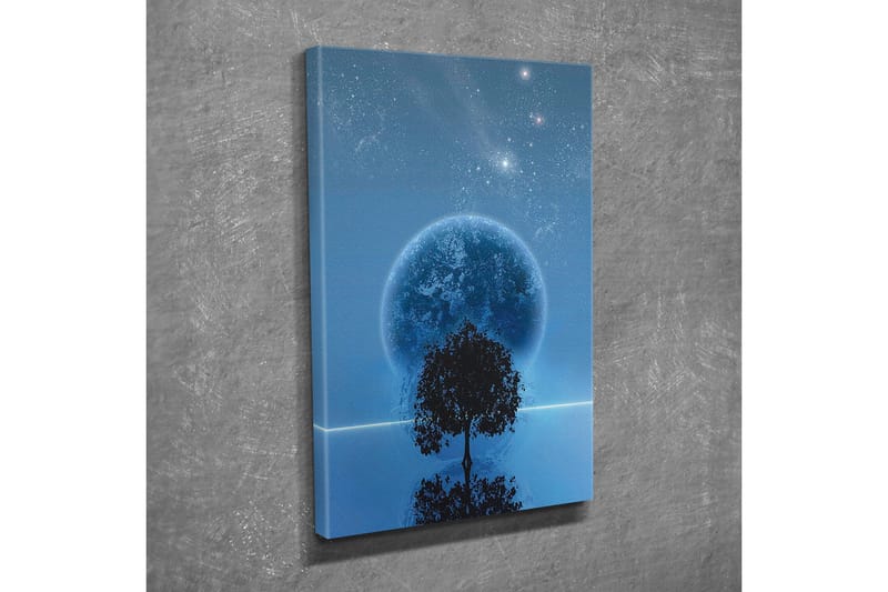 Canvastavla - Stjärnklar natt med en stor måne och silhouett av ett träd vid horisonten - Mörkblå / Svart / Ljusblå - Inredning & dekor - Tavlor & konst - Canvastavla