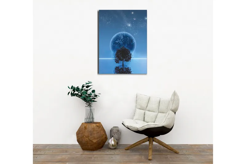 Canvastavla - Stjärnklar natt med en stor måne och silhouett av ett träd vid horisonten - Mörkblå / Svart / Ljusblå - Inredning & dekor - Tavlor & konst - Canvastavla