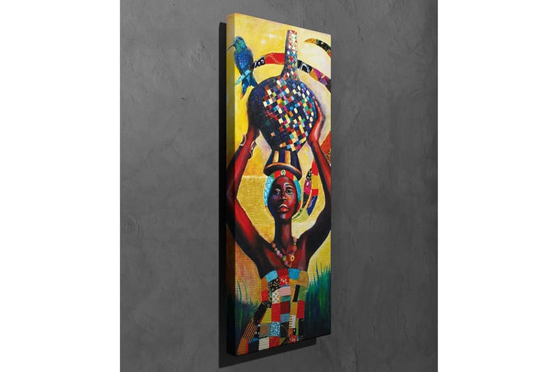 Canvastavla - Stolt kvinna som bär en färgglad kruka på huvudet med en fågel på axeln - Gul / Röd / Blå - Inredning & dekor - Tavlor & konst - Canvastavla