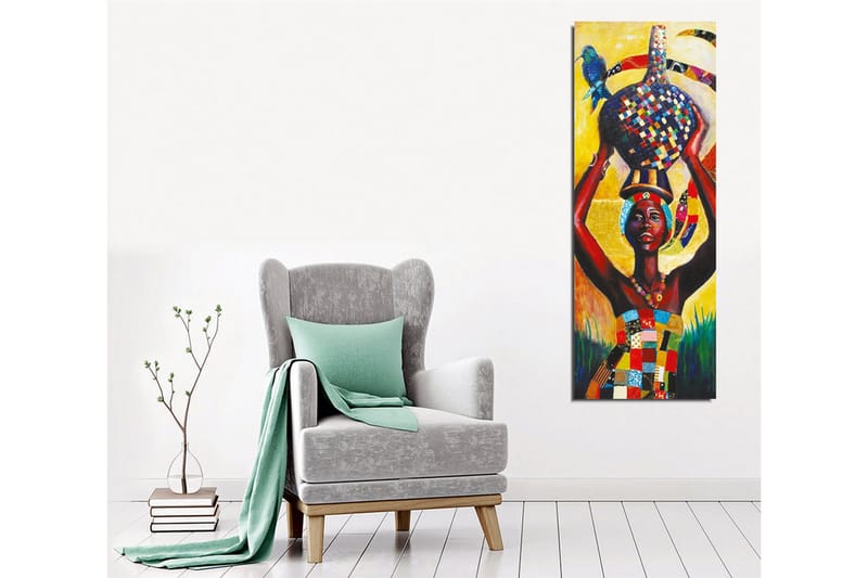 Canvastavla - Stolt kvinna som bär en färgglad kruka på huvudet med en fågel på axeln - Gul / Röd / Blå - Inredning & dekor - Tavlor & konst - Canvastavla