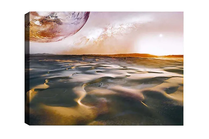 Canvastavla - Storslagen ökenlandskap med en planet i bakgrunden, Guld / Grå / Orange