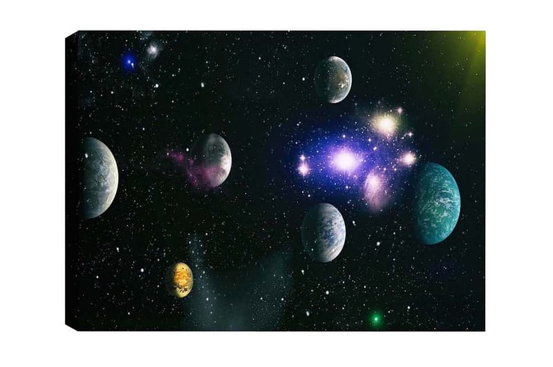 Canvastavla - Storslagen rymdscen med flera planeter och stjärnor, Blå / Grön / Lila