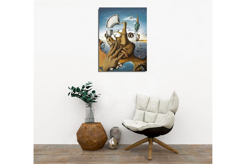 Canvastavla - Surrealistisk komposition med en hand som täcker ansiktet och en ögonblicksbild av en drömvärld - Beige / Blå / Grön - Inredning & dekor - Tavlor & konst - Canvastavla