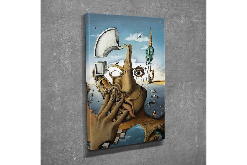 Canvastavla - Surrealistisk komposition med en hand som täcker ansiktet och en ögonblicksbild av en drömvärld - Beige / Blå / Grön - Inredning & dekor - Tavlor & konst - Canvastavla