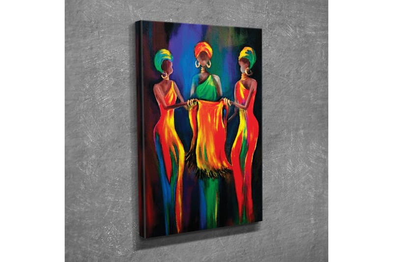 Canvastavla - Tre kvinnor i f ärgglada klänningar som håller ett tygstycke tillsammans - Röd / Gul / Grön - Inredning & dekor - Tavlor & konst - Canvastavla