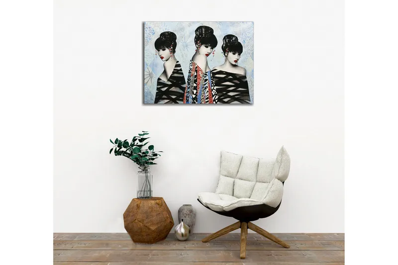 Canvastavla - Tre stiliserade kvinnor med eleganta frisyrer och färgglada kläder - Svart / Röd / Blå - Inredning & dekor - Tavlor & konst - Canvastavla