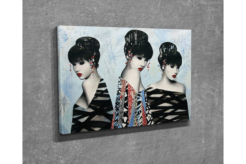 Canvastavla - Tre stiliserade kvinnor med eleganta frisyrer och färgglada kläder - Svart / Röd / Blå - Inredning & dekor - Tavlor & konst - Canvastavla