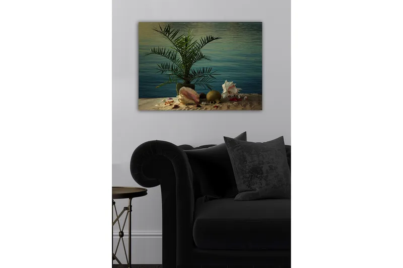 Canvastavla - Tropisk stillhet med palm och snäckor vid vattnet - Grön / Beige / Rosa - Inredning & dekor - Tavlor & konst - Canvastavla