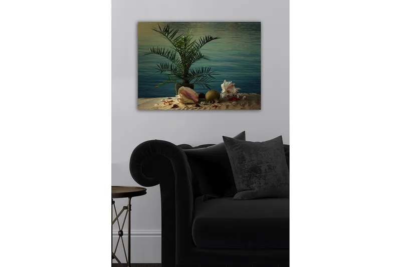 Canvastavla - Tropisk stillhet med palm och snäckor vid vattnet - Grön / Beige / Rosa - Inredning & dekor - Tavlor & konst - Canvastavla