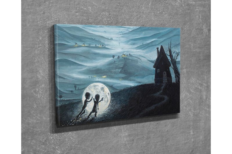 Canvastavla - Två barn som leker med en stor måne i en drömlik landskapsscen - Mörkblå / Ljusgrå / Svart - Inredning & dekor - Tavlor & konst - Canvastavla