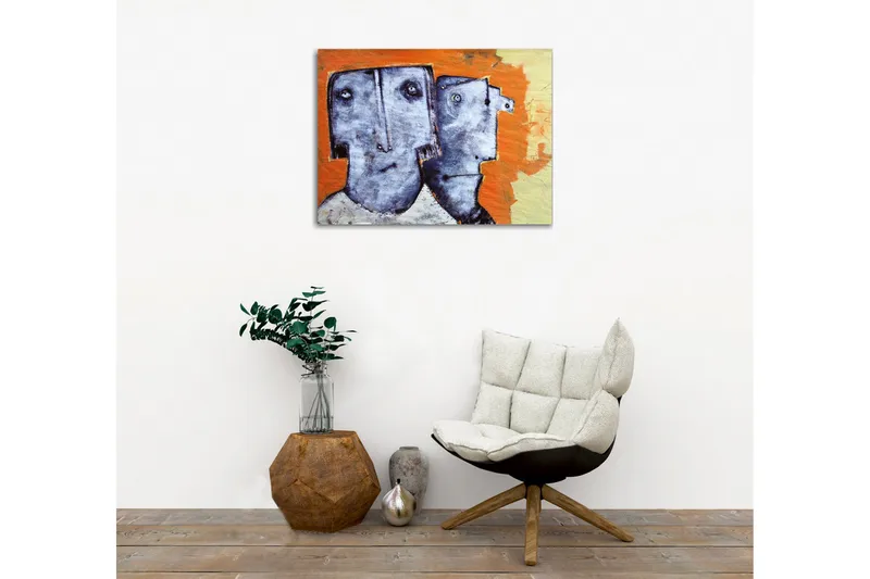 Canvastavla - Två stiliserade ansikten med uttryckslösa drag - Grå / Orange / Beige - Inredning & dekor - Tavlor & konst - Canvastavla