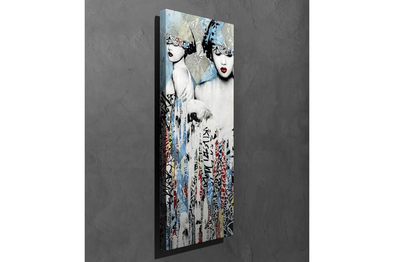 Canvastavla - Två stiliserade kvinnor med ansiktena delvis dolda av huvudbonader och starka röda läppar - Blå / Svart / Röd - Inredning & dekor - Tavlor & konst - Canvastavla