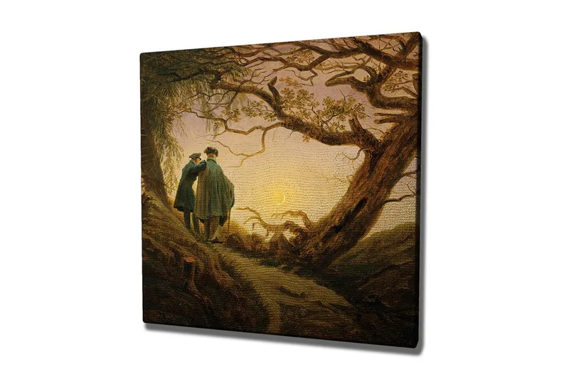 Canvastavla - Två personer som står tillsammans under ett stort träd vid solnedgången, Mörkgrön / Brun / Ljusgul